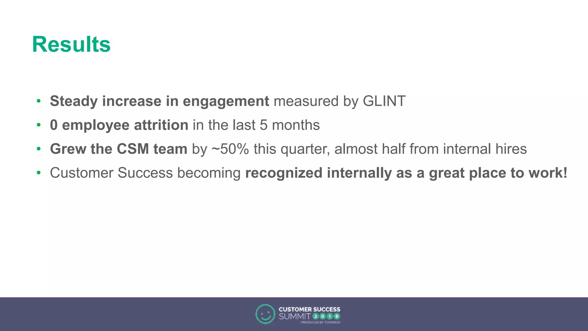 Results
• Steady increase in engagement measured by GLINT
• 0 employee attrition in the last 5 months
• Grew the CSM team by ~50% this quarter, almost half from internal hires
• Customer Success becoming recognized internally as a great place to work!
 