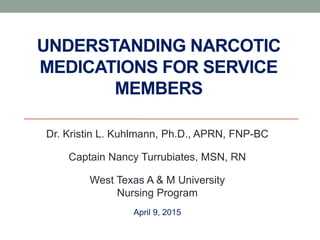 UNDERSTANDING NARCOTIC
MEDICATIONS FOR SERVICE
MEMBERS
Dr. Kristin L. Kuhlmann, Ph.D., APRN, FNP-BC
Captain Nancy Turrubia...