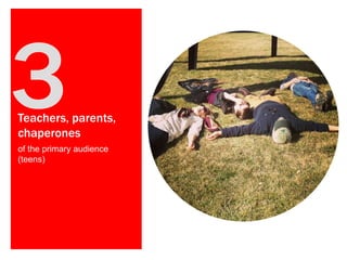 Teachers, parents,
chaperones
of the primary audience
(teens)

 