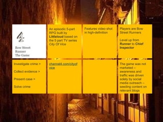 Bow Street Runner  The Game An episodic 5-part RPG built by  Littleloud  based on the 5 part TV series  City Of Vice Features video shot in high-definition channel4.com/cityofvice The game was not marketed – awareness and traffic was driven solely by social media outreach – seeding content on relevant blogs Players are Bow Street Runners Level up from  Runner  to  Chief Inspector Investigate crime > Collect evidence > Present case > Solve crime  