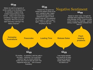 I finished the 3rd game but missed the esteem points at the end. I wanted to play 3 again but it had already saved my password for game 4 which doesn't exist yet. The password for 3 is gone. If I want to play it again, I have to start over… I’m not going to do that  1 Based on what I read, I thought the episodes were supposed to come out every Monday, but Ep. 2 took an entire month to show up. Hopefully… we'll be seeing a weekly release schedule from here on  2 I was hoping episode four would be up today, following the general weekly pattern lately, but seems not  4 Oh brother... on episode 2 with the nails in the hatch... whenever I try to pull them upwards I get my mouse outside the screen and I have to start all over!!! This happened twice now … this is sooooo frustrating  3 Makes me wish for programs of similar quality to be developed here for education. Imagine doing problem-based learning in this format… today’s kids would want something a bit edgier and more interactive. Who’d be up to the task? Discovery Learning? The History Channel?  1 Flash  loading  problems Release Dates Passcodes Loading Time Gameplay frustrations Negative Sentiment 