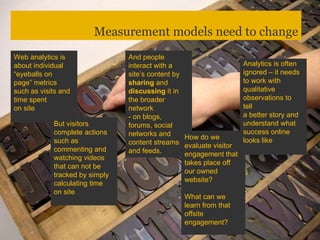 Measurement models need to change Web analytics is about individual “eyeballs on page” metrics such as visits and time spent on site Analytics is often ignored – it needs to work with qualitative observations to tell  a better story and understand what success online  looks like But visitors complete actions such as commenting and watching videos that can not be tracked by simply calculating time on site  And people interact with a site’s content by  sharing  and  discussing  it in the broader network  - on blogs, forums, social networks and content streams and feeds. How do we evaluate visitor engagement that takes place off our owned website?  What can we learn from that offsite engagement? 