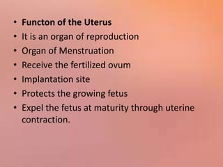 • Functon of the Uterus
• It is an organ of reproduction
• Organ of Menstruation
• Receive the fertilized ovum
• Implantation site
• Protects the growing fetus
• Expel the fetus at maturity through uterine
contraction.
 