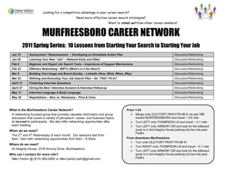 Looking for a competitive advantage in your career search?
                                                 Need more effective career search strategies?
                                                                        Want to stand out from other career-seekers?


                       MURFREESBORO CAREER NETWORK
          2011 Spring Series: 10 Lessons from Starting Your Search to Starting Your Job
 Jan 12       Assessment / Reassessment – Developing an Immediate Action Plan                                          Discussion/Networking
 Jan 26       Learning Your New “Job” – Network Early and Often                                                        Discussion/Networking
 Feb 9        Beginner and Expert Job Search Tools – Importance of Support Mechanisms                                  Discussion/Networking
 Feb 23       Effective Networking - WIFTs (What’s in it for them?)                                                    Discussion/Networking
 Mar 9        Building Your Image and Brand Quickly – LinkedIn (How, What, When, Why)                                  Discussion/Networking
 Mar 23       Refining and Executing Your Job Search Plan – Do “YOU” Fit In?                                           Discussion/Networking
 April 13     Predicting Interview Questions                                                                           Discussion/Networking
 April 27     Giving the Best Interview Answers & Interview Follow-up                                                  Discussion/Networking
 May 11       Interview Language & Body Language                                                                       Discussion/Networking
 May 25       Negotiations – Nice vs. Necessary – Pros & Cons                                                          Discussion/Networking



What is the Murfreesboro Career Network?                                           From 1-24
 A networking focused group that provides valuable information and group                Merge onto OLD FORT PKWY/TN-96 E via exit 78B
 discussion that covers a variety of job-search, career, and business topics            toward MURFREESBORO and travel ~ 0.6 mile
 at no-cost to participants. We also offer networking opportunities after               Turn LEFT onto THOMPSON LN and travel ~ 0.1 mile
 each meeting.                                                                          Turn LEFT onto ARMORY DR and look for the billboard
When do we meet?                                                                        (post is in the Integrity House parking lot) two lots past
                                                                                        FedEx
 The 2nd and 4th Wednesday of each month. Our sessions last from
 8am - 9am with networking opportunities from 9am – 9:30am                         From downtown Murfreesboro
                                                                                        Turn onto OLD FORT PKWY/TN-96 W
Where do we meet?
                                                                                        Turn RIGHT onto THOMPSON LN and travel ~ 0.1 mile
 At Integrity House, 2316 Armory Drive, Murfreesboro
                                                                                        Turn LEFT onto ARMORY DR and look for the billboard
Who can I contact for more info?                                                        (post is in the Integrity House parking lot) two lots past
 Allen Parton @ (615) 962-0082 or allen.parton.sphr@gmail.com                           FedEx
 