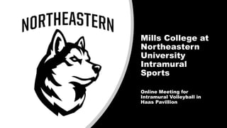 Mills College at
Northeastern
University
Intramural
Sports
Online Meeting for
Intramural Volleyball in
Haas Pavillion
 