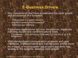 E-Business Drivers Key Components that have accelerated the rapid growth and acceptance of e-business: Wide access to a public network Standard communication protocol Standard user interface E-business applications run over the Internet, drastically reducing access and communications costs Pre Internet – 95% of Fortune 500 used EDI Vs. 2% of all U.S. companies With standardized communication protocols and user interfaces, implementation and training costs are far lower As a result, a much broader set of users and firms has access to the systems, allowing rapid growth 