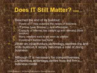 Does IT Still Matter?  cont. Reached the end of its buildout: Power of IT now outstrips the needs of business IT prices have dropped = now affordable Capacity of Internet has caught up with demand (fibre surplus) Many vendors want to be seen as utilities Investment bubble has burst When an infrastructure technology reaches the end of its buildout, it simply becomes a cost of doing business Although IT is necessary for competitiveness, Competitive advantage comes from the firm’s business model 
