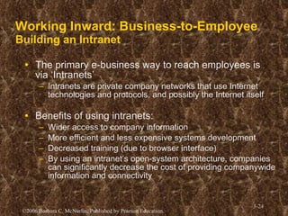Working Inward: Business-to-Employee Building an Intranet The primary e-business way to reach employees is via ‘Intranets’ Intranets are private company networks that use Internet technologies and protocols, and possibly the Internet itself Benefits of using intranets: Wider access to company information More efficient and less expensive systems development  Decreased training (due to browser interface) By using an intranet’s open-system architecture, companies can significantly decrease the cost of providing companywide information and connectivity 
