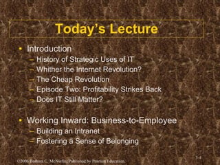 Today’s Lecture Introduction History of Strategic Uses of IT Whither the Internet Revolution? The Cheap Revolution Episode Two: Profitability Strikes Back Does IT Still Matter? Working Inward: Business-to-Employee Building an Intranet Fostering a Sense of Belonging 