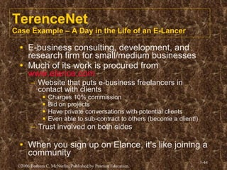 TerenceNet Case Example – A Day in the Life of an E-Lancer E-business consulting, development, and research firm for small/medium businesses Much of its work is procured from  www.elance.com Website that puts e-business freelancers in contact with clients Charges 10% commission Bid on projects Have private conversations with potential clients Even able to sub-contract to others (become a client!) Trust involved on both sides When you sign up on Elance, it’s like joining a community 