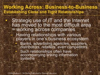 Working Across: Business-to-Business Establishing Close and Tight Relationships Strategic use of IT and the Internet has moved to the most difficult area = working across companies Having relationships with various players in one’s business ecosystem Banks, advertising agencies, suppliers, distributors, retailers, even competitors Such relationships often have accompanying linking information systems 