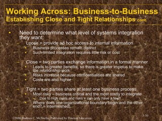 Working Across: Business-to-Business Establishing Close and Tight Relationships  cont. Need to determine what level of systems integration they want: Loose = provide ad hoc access to internal information Business processes remain distinct Such limited integration requires little risk or cost Close = two parties exchange information in a formal manner Leads to greater benefits, so there is greater impetus to make the relationship work Risks increase because confidentialities are shared Costs are also higher Tight = two parties share at least one business process Most risky – business critical and the most costly to integrate Due to high costs and risks = can only have a few!! Where does one organizational boundary begin and the other end? = Intermeshed! 