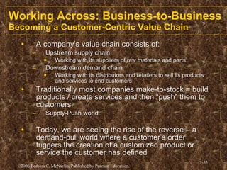 Working Across: Business-to-Business Becoming a Customer-Centric Value Chain A company’s value chain consists of: Upstream supply chain Working with its suppliers of raw materials and parts Downstream demand chain Working with its distributors and retailers to sell its products and services to end customers Traditionally most companies make-to-stock = build products / create services and then “push” them to customers Supply-Push world Today, we are seeing the rise of the reverse – a demand-pull world where a customer’s order triggers the creation of a customized product or service the customer has defined 