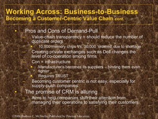 Working Across: Business-to-Business Becoming a Customer-Centric Value Chain  cont. Pros and Cons of Demand-Pull Value-chain transparency = should reduce the number of duplicate orders 10,000 memory chips Vs. 30,000 ‘ordered’ due to shortage Creating private exchanges such as Dell changes the level of co-operation among firms Con = infrastructure Manufacturer’s becomes its suppliers – binding them even tighter Requires TRUST Becoming customer centric is not easy, especially for supply-push companies The promise of CRM is alluring Aims to help companies shift their attention from managing their operations to satisfying their customers 