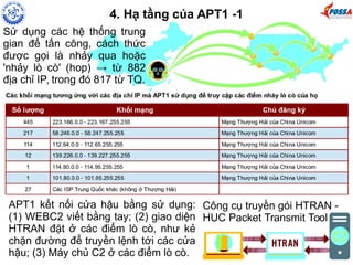 4. Hạ tầng của APT1 -1 
Sử dụng các hệ thống trung 
gian để tấn công, cách thức 
được gọi là nhảy qua hoặc 
'nhảy lò cò' (hop) → từ 882 
địa chỉ IP, trong đó 817 từ TQ. 
APT1 kết nối cửa hậu bằng sử dụng: 
(1) WEBC2 viết bằng tay; (2) giao diện 
HTRAN đặt ở các điểm lò cò, như kẻ 
chặn đường để truyền lệnh tới các cửa 
hậu; (3) Máy chủ C2 ở các điểm lò cò. 
Công cụ truyền gói HTRAN - 
HUC Packet Transmit Tool 
 