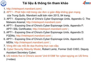 Tài liệu & thông tin tham khảo 
1. http://intelreport.mandiant.com/; 
2. APT1 - Phát hiện một trong các đơn vị gián điệp không gian mạng 
của Trung Quốc. Mandiant xuất bản năm 2013, 84 trang; 
3. APT1 - Exposing One of China's Cyber Espionage Units. Appendix C: The 
Malware Arsenal; http://intelreport.mandiant.com/ 
4. APT1 - Exposing One of China's Cyber Espionage Units. Appendix F: 
APT1 SSL Certificates; http://intelreport.mandiant.com/ ; 
5. APT1 - Exposing One of China's Cyber Espionage Units. Appendix D: 
FQDNs; http://intelreport.mandiant.com/ ; 
6. APT1 - Exposing One of China's Cyber Espionage Units. Appendix E: 
MD5s; http://intelreport.mandiant.com/ ; 
7. Vòng đời các mối đe dọa thường trực cao cấp; 
8. Cyber Security Maturity Model, Robert Lentz, Former DoD CISO, Deputy 
Assistant Secretary Cyber; 
9. US indicts five in China's secret 'Unit 61398' for cyber-spying on US firms 
(+video) 
 