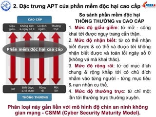 2. Đặc trưng APT của phần mềm độc hại cao cấp 
So sánh phần mềm độc hại 
THÔNG THƯỜNG vs CAO CẤP 
1. Mức độ giấu giếm: từ mở - công 
khai tới được ngụy trang cẩn thận. 
2. Mức độ nhận biết: từ có thể nhận 
biết được & có thể vá được tới không 
nhận biết được và toàn lỗi ngày số 0 
(không vá mà khai thác). 
3. Mức độ rộng rãi: từ có mục đích 
chung & rộng khắp tới có chủ đích 
nhằm vào từng người - từng mục tiêu 
& nạn nhân cụ thể. 
4. Mức độ thường trực: từ chỉ một 
lần tới thường trực thường xuyên. 
Phân loại này gắn liền với mô hình độ chín an ninh không 
gian mạng - CSMM (Cyber Security Maturity Model). 
 