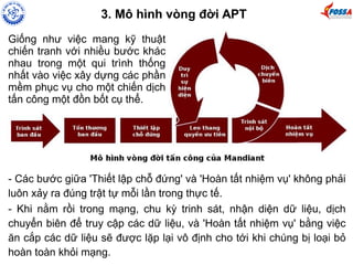 3. Mô hình vòng đời APT 
Giống như việc mang kỹ thuật 
chiến tranh với nhiều bước khác 
nhau trong một qui trình thống 
nhất vào việc xây dựng các phần 
mềm phục vụ cho một chiến dịch 
tấn công một đồn bốt cụ thể. 
- Các bước giữa 'Thiết lập chỗ đứng' và 'Hoàn tất nhiệm vụ' không phải 
luôn xảy ra đúng trật tự mỗi lần trong thực tế. 
- Khi nằm rồi trong mạng, chu kỳ trinh sát, nhận diện dữ liệu, dịch 
chuyển biên để truy cập các dữ liệu, và 'Hoàn tất nhiệm vụ' bằng việc 
ăn cắp các dữ liệu sẽ được lặp lại vô định cho tới khi chúng bị loại bỏ 
hoàn toàn khỏi mạng. 
 