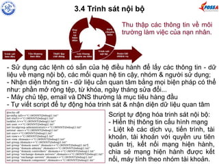 3.4 Trinh sát nội bộ 
Thu thập các thông tin về môi 
trường làm việc của nạn nhân. 
- Sử dụng các lệnh có sẵn của hệ điều hành để lấy các thông tin - dữ 
liệu về mạng nội bộ, các mối quan hệ tin cậy, nhóm & người sử dụng; 
- Nhận diện thông tin - dữ liệu cần quan tâm bằng mọi biện pháp có thể 
như: phần mở rộng tệp, từ khóa, ngày tháng sửa đổi... 
- Máy chủ tệp, email và DNS thường là mục tiêu hàng đầu 
- Tự viết script để tự động hóa trinh sát & nhận diện dữ liệu quan tâm 
Script tự động hóa trinh sát nội bộ: 
- Hiển thị thông tin cấu hình mạng 
- Liệt kê các dịch vụ, tiến trình, tài 
khoản, tài khoản với quyền ưu tiên 
quản trị, kết nối mạng hiện hành, 
chia sẻ mạng hiện hành được kết 
nối, máy tính theo nhóm tài khoản. 
 