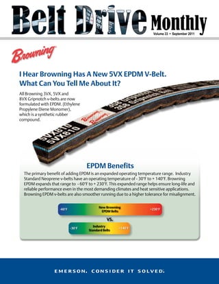 Volume 33 • September 2011




I Hear Browning Has A New 5VX EPDM V-Belt.
What Can You Tell Me About It?
All Browning 3VX, 5VX and
8VX Gripnotch v-belts are now
formulated with EPDM. (Ethylene
Propylene Diene Monomer),
which is a synthetic rubber
compound.




                                     EPDM Benefits
  The primary benefit of adding EPDM is an expanded operating temperature range. Industry
  Standard Neoprene v-belts have an operating temperature of - 30°F to + 140°F. Browning
  EPDM expands that range to - 60°F to + 230°F. This expanded range helps ensure long-life and
  reliable performance even in the most demanding climates and heat sensitive applications.
  Browning EPDM v-belts are also smoother running due to a higher tolerance for misalignment.

                                           New Browning
                     -60°F                                           +230°F
                                            EPDM Belts

                                                VS.
                                        Industry
                             -30°F                    +140°F
                                     Standard Belts
 