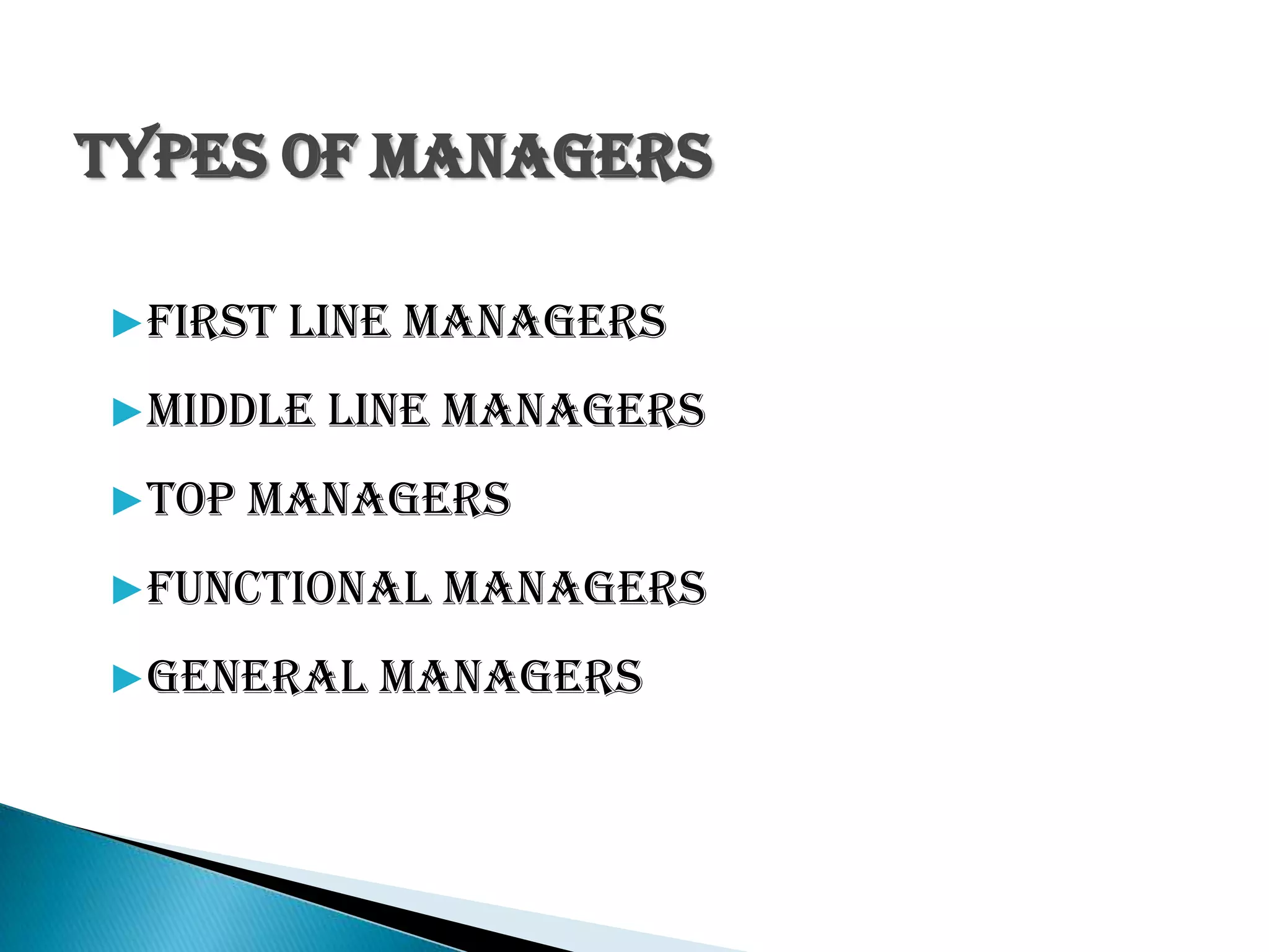 Types of managers
▶First line Managers
▶Middle line Managers
▶Top Managers
▶Functional Managers
▶General Managers
 