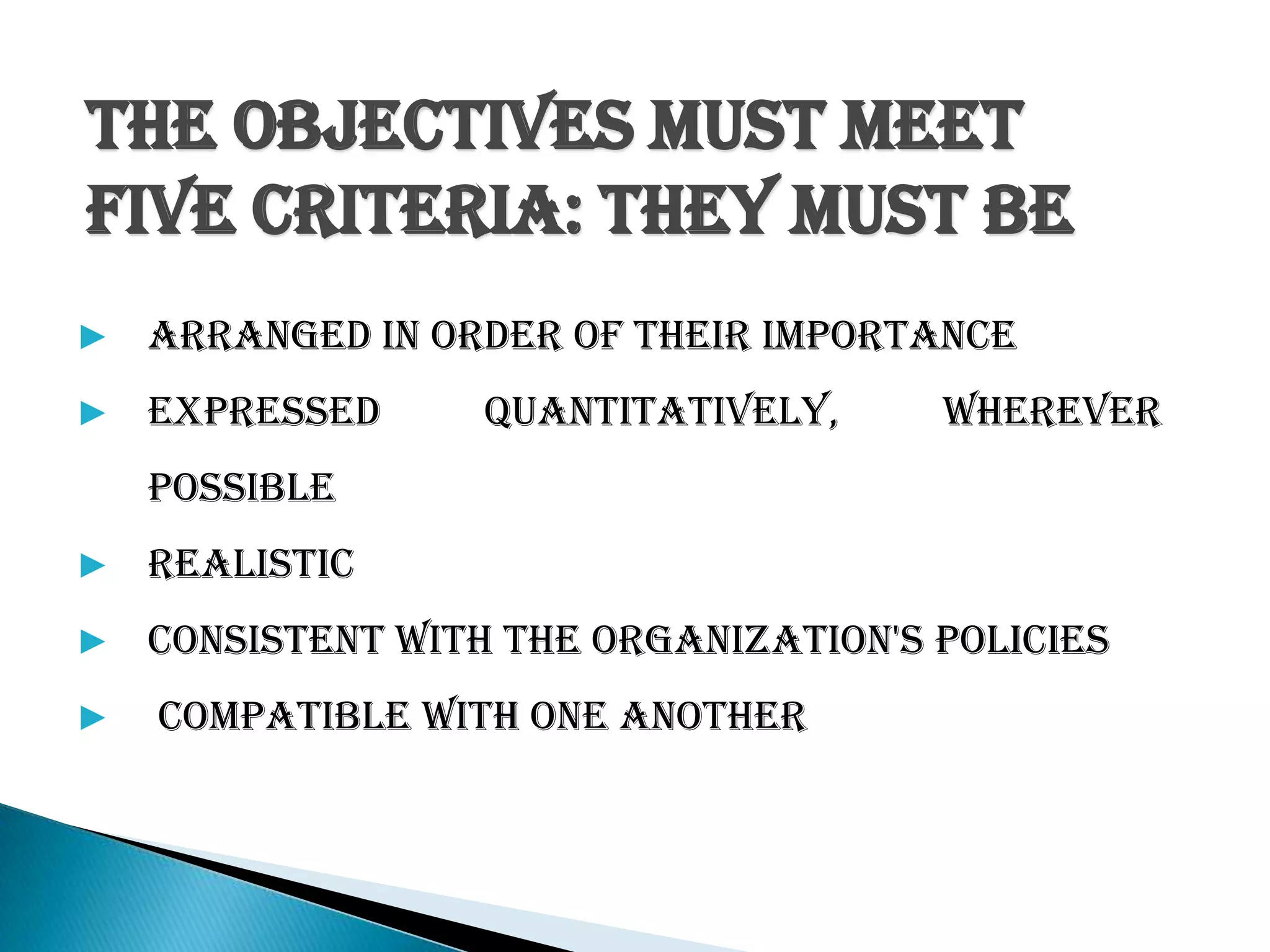 The objectives must meet
five criteria: they must be
▶ arranged in order of their importance
▶ expressed quantitatively, wherever
possible
▶ Realistic
▶ consistent with the organization's policies
▶ compatible with one another
 