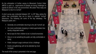 This presentation by MIGHT – myForesight® is under a Creative Commons Attribution 4.0 License.
This basically allows you to use the presentation as you like as long as you acknowledge the source.
RUSHDI ABDUL RAHIM
rushdi@might.org.my @RushdiAR
• Generally not comfortable returning to the old “normal” yet
• Are more comfortable shopping in malls/supermarkets than
sundry shops/wet market
• Not at ease for their children to be in school/universities
• Dine-in is not something the public are fully comfortable in
doing
• Public transport usage continues to be a challenge
• Events and gatherings will not be attended by most
surveyed
As the anticipation of further easing to Movement Control Order
(MCO) is upon us, organizations & people are facing challenges to
operate & behave in the new environment. We asked “How ready are
Malaysian to return to normal?
A short survey was conducted between 25th to 29th May, asking the
public how comfortable they are to return to selected “normal”
behaviours. The following are some of the key takeaways. The
Malaysian public are::-
The result of the survey is presented in the next page.
 