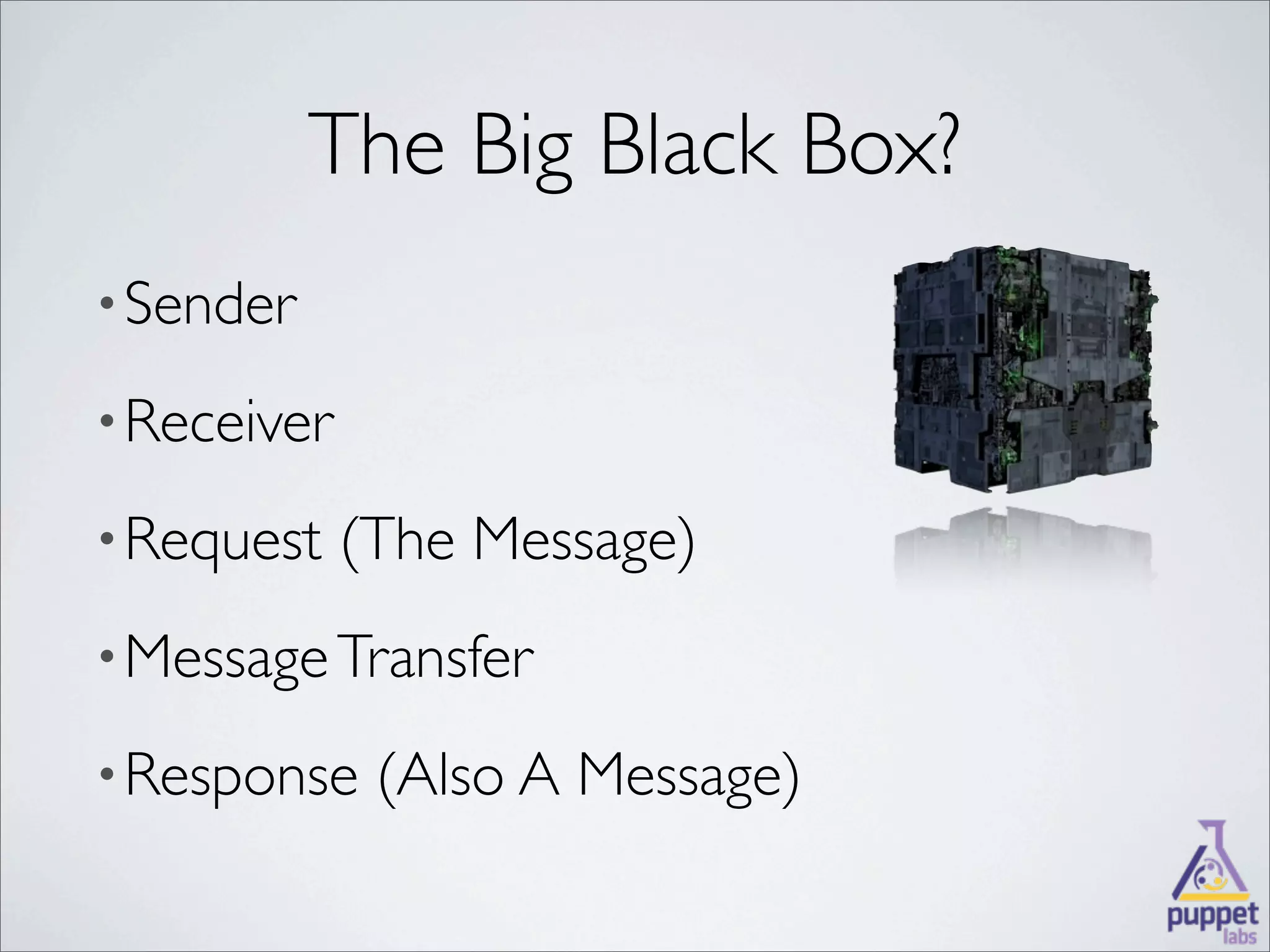 The Big Black Box?
• Sender

• Receiver

• Request    (The Message)
• Message Transfer

• Response    (Also A Message)
 