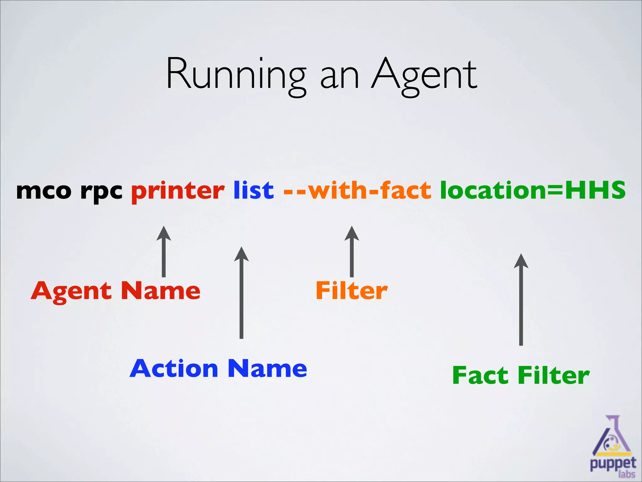 Running an Agent

mco rpc printer list --with-fact location=HHS


 Agent Name           Filter

        Action Name             Fact Filter
 