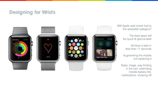 Designing for Wrists
Will Apple add rocket fuel to
the wearable category?
The best apps will
be quick & glance-able
Achiev...