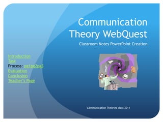 Communication
                     Theory WebQuest
                      Classroom Notes PowerPoint Creation


Introduction
Task
Process: pg1pg2pg3
Evaluation
Conclusion
Teacher’s Page




                         Communication Theories class 2011
 