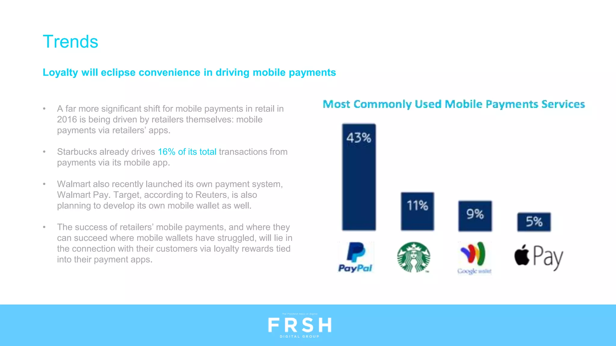 Loyalty will eclipse convenience in driving mobile payments
• A far more significant shift for mobile payments in retail in
2016 is being driven by retailers themselves: mobile
payments via retailers’ apps.
• Starbucks already drives 16% of its total transactions from
payments via its mobile app.
• Walmart also recently launched its own payment system,
Walmart Pay. Target, according to Reuters, is also
planning to develop its own mobile wallet as well.
• The success of retailers’ mobile payments, and where they
can succeed where mobile wallets have struggled, will lie in
the connection with their customers via loyalty rewards tied
into their payment apps.
Trends
 