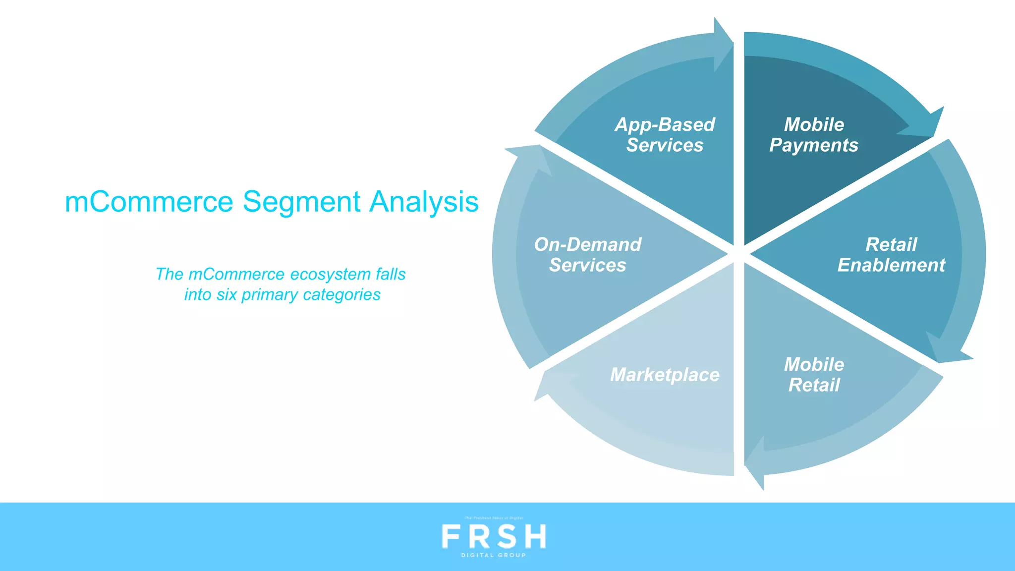 mCommerce Segment Analysis
The mCommerce ecosystem falls
into six primary categories
Mobile
Payments
Retail
Enablement
Mobile
Retail
Marketplace
On-Demand
Services
App-Based
Services
 