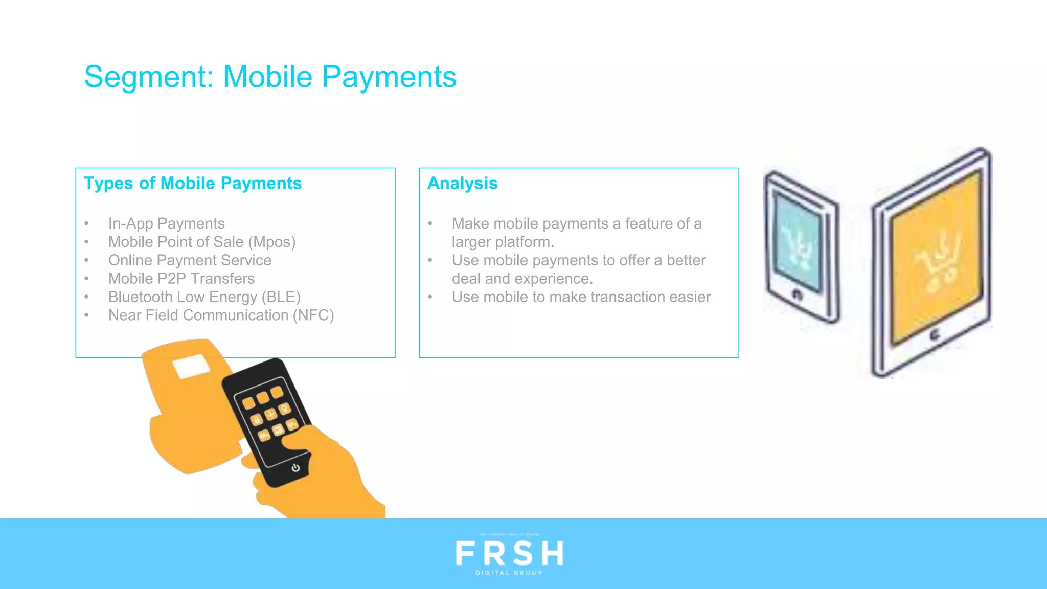 Types of Mobile Payments
• In-App Payments
• Mobile Point of Sale (Mpos)
• Online Payment Service
• Mobile P2P Transfers
• Bluetooth Low Energy (BLE)
• Near Field Communication (NFC)
Segment: Mobile Payments
Analysis
• Make mobile payments a feature of a
larger platform.
• Use mobile payments to offer a better
deal and experience.
• Use mobile to make transaction easier
 