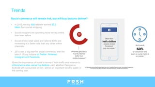 Social commerce will remain hot, but will buy buttons deliver?
• In 2015, the top 500 retailers earned $3.3
billion from social shopping.
• Social shoppers are spending more money online
than ever before
• Social-driven retail sales and referral traffic are
increasing at a faster rate than any other online
channels.
• 2015 was a big year for social commerce, with the
launch of buy buttons on Twitter, Pinterest,
Instagram and Facebook.
Given the importance of social in terms of both traffic and revenue to
mCommerce sites, social buy buttons - and whether they gain a
foothold with consumers or not - will be an important trend to watch in
the coming year.
Trends
 