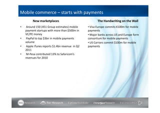 Mobile commerce – starts with payments
         New marketplaces                               The Handwriting on the Wall
•    Around 150 (451 Group estimates) mobile     • Visa Europe commits €100m for mobile
    payment startups with more than $500m in     payments
    VC/PE money                                  • Major banks across US and Europe form
•    PayPal to top $3bn in mobile payments       consortium for mobile payments
    volume                                       • US Carriers commit $100m for mobile
•    Apple iTunes reports $1.4bn revenue in Q2   payments
    2011
•    M-Pesa contributed 13% to Safaricom’s
    revenues for 2010
 