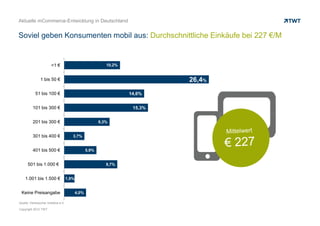 Aktuelle mCommerce-Entwicklung in Deutschland


Aktiv im mCommerce: Nutzer informieren sich mobil über Produkte




                                                                                                74,1%


                                                                   der Besitzer von Smartphone und
                                                                   Tablet-PCs haben sich vor dem Kauf
                                                                   eines Produktes oder einer Dienst-
                                                                   leistung schon einmal mobil informiert




Quelle: eBay & Verbraucher-Initiative, September 2011, n = 2.166 Smartphone & Tablet-Besitzer

Copyright 2012 TWT
 