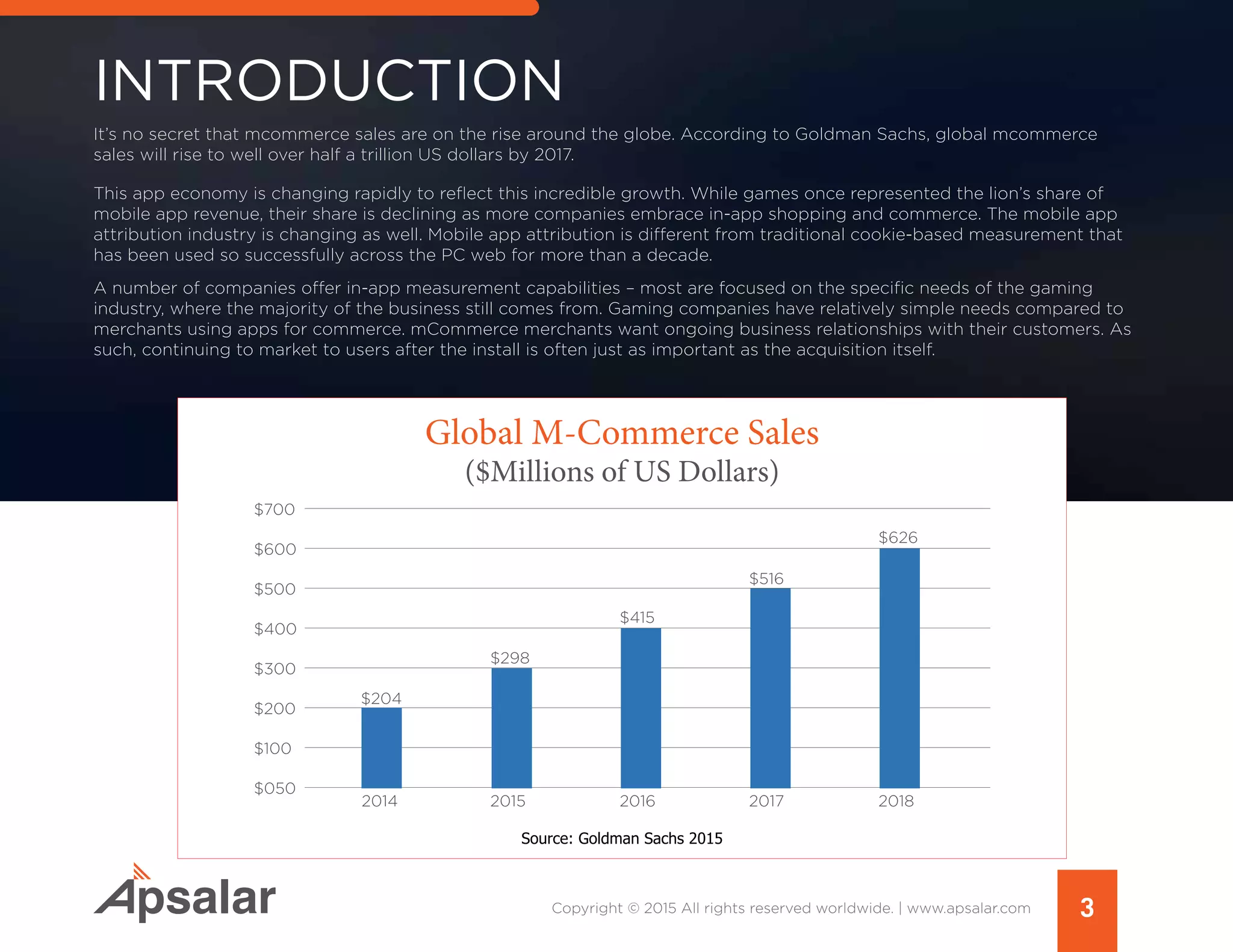 INTRODUCTION
3Copyright © 2015 All rights reserved worldwide. | www.apsalar.com
It’s no secret that mcommerce sales are on the rise around the globe. According to Goldman Sachs, global mcommerce
sales will rise to well over half a trillion US dollars by 2017.
This app economy is changing rapidly to reflect this incredible growth. While games once represented the lion’s share of
mobile app revenue, their share is declining as more companies embrace in-app shopping and commerce. The mobile app
attribution industry is changing as well. Mobile app attribution is different from traditional cookie-based measurement that
has been used so successfully across the PC web for more than a decade.
A number of companies offer in-app measurement capabilities – most are focused on the specific needs of the gaming
industry, where the majority of the business still comes from. Gaming companies have relatively simple needs compared to
merchants using apps for commerce. mCommerce merchants want ongoing business relationships with their customers. As
such, continuing to market to users after the install is often just as important as the acquisition itself.
$700
$500
$300
$600
$400
$200
$100
$050
$626
$516
$415
$298
$204
2014 2015 2016 2017 2018
Global M-Commerce Sales
($Millions of US Dollars)
Source: Goldman Sachs 2015
 