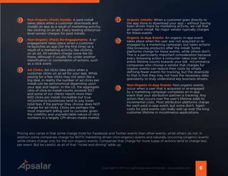 Non-Organic (Paid) Installs: A paid install
takes place when a customer downloads and
installs an app as a result of marketing activity,
like clicking on an ad. Every leading enterprise-
level vendor charges for paid installs.
Non-Organic (Paid) Re-Engagements: A re-
engagement takes place when a customer
re-launches an app (for the first time) as a
result of a marketing activity, like clicking
on an ad. All vendors charge some fee for
these, although it usually fits under another
classification or combination of actions, such
as a click event.
Ad Clicks: Ad clicks take place when a
customer clicks on an ad for your app. While
paying for a few clicks may not seem like a
big deal, in reality the number of ad clicks per
install can be astronomical depending upon
your app and region. In the US, the aggregate
ratio of click-to-install counts exceeds 50:1
and some of our clients report more than
600 clicks per install. Incredible but true.
mCommerce businesses tend to pay lower
total fees if the partner they choose does NOT
charge for ad clicks. Clicks are perhaps the
most important billing unit to consider, given
the volatility and unpredictable nature of click
numbers in a largely CPI-driven media market.
1
2
3
4
5
6
6Copyright © 2015 All rights reserved worldwide. | www.apsalar.com
Organic Installs: When a customer goes directly to
the app store to download your app – without having
been driven there by marketing activity, we call that
an organic install. No major vendor typically charges
for these events.
Organic In-App Events: An organic in-app event
takes place when the user was not acquired or re-
engaged by a marketing campaign, but takes actions
(like browsing products) after the install. Some
platforms charge for these events, while others don’t.
This is a particularly important consideration because
every browsing action a consumer takes over their
entire lifetime counts towards your bill. mCommerce
companies who choose a vendor that charges for
organic events can reduce their costs by simply
defining fewer events for tracking, but the downside
to that is that they may not have the necessary data
granularity to truly understand key business drivers.
Non-Organic In-App Events: Non-organic events
occur when a user that is acquired or re-engaged
by a marketing campaign completes an in-app
event that your attribution partner is tracking. Any
action that occurs over the user’s lifetime adds to
incremental costs. Most attribution platforms charge
for each paid in-app event, but some don’t. Again
costs for paid events can really add up over the long
customer lifetime in mcommerce applications.
Pricing also varies in that some charge more for Facebook and Twitter events than other events, while others do not. In
addition some companies charge for BOTH marketing driven (non-organic) events and naturally occurring (organic) events
while others charge only for the non-organic events. Companies that charge for more types of actions tend to charge less
per event. But be careful, as all of that “nickel and diming” adds up.
 