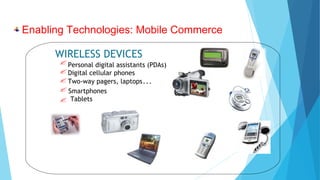 WIRELESS DEVICES
Personal digital assistants (PDAs)
Digital cellular phones
Two-way pagers, laptops…
Enabling Technologies: Mobile Commerce
Smartphones
Tablets
 