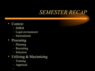 SEMESTER RECAP Context SHRM Legal environment International Procuring Planning Recruiting Selection Utilizing & Maximizing Training Appraisal 