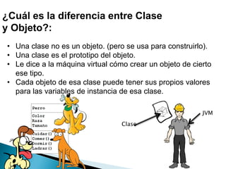 ¿Cuál es la diferencia entre Clase
y Objeto?:
• Una clase no es un objeto. (pero se usa para construirlo).
• Una clase es el prototipo del objeto.
• Le dice a la máquina virtual cómo crear un objeto de cierto
ese tipo.
• Cada objeto de esa clase puede tener sus propios valores
para las variables de instancia de esa clase.
Clase
JVM
 