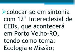 colocar-se em sintonia com 12° Intereclesial de CEBs, que acontecerá em Porto Velho-RO, tendo como tema: Ecologia e Missão;  