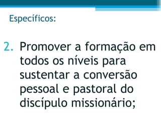 Específicos: 2. Promover a formação em todos os níveis para sustentar a conversão pessoal e pastoral do discípulo missionário;  