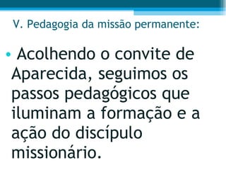 V. Pedagogia da missão permanente: Acolhendo o convite de Aparecida, seguimos os passos pedagógicos que iluminam a formação e a ação do discípulo missionário.  