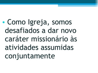 Como Igreja, somos desafiados a dar novo caráter missionário às atividades assumidas conjuntamente 