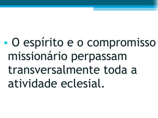 O espírito e o compromisso missionário perpassam transversalmente toda a atividade eclesial.  