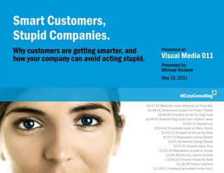 Smart Customers, Stupid Companies | Visual Media 011 | May 12, 2011




Smart Customers,
Stupid Companies
Six reasons to re-think how businesses                                                             Presented at:
sell to and serve their customers                                                                  Visual Media 011
                                                                                                   Presented by:
                                                                                                   Michael Hinshaw
                                                                                                   May 12, 2011




                                                                                    10:47:23 Watched video attached to Pizza Box
                                                                                     10:48:31 Redeemed coupon for Paper Towels
                                                                                           10:48:59 Checked prices for Dog Food
                                                                                   10:49:07 Ordered Dog Food from another store
                                                                                                           10:54:12 Started car
                                                                                         10:54:42 Proceeded west on Main Street
                                                                                             10:55:12 Stopped at House for Sale
                                                                                              10:57:13 Requested Listing Details
                                                                                                  10:57:18 Viewed Listing Details
                                                                                                     10:57:45 Viewed Video Tour
                                                                                            11:02:42 Requested access to house
                                                                                                11:02:49 Security status verified
                                                                                                11:03:32 Entered House for Sale
                                                                                                       11:18:29 Texted husband
© 2011 MCorp Consulting, Michael Hinshaw and Bruce Kasanoff. All Rights Reserved        11:18:57 (Husband accessed online tour)     Page 1
 