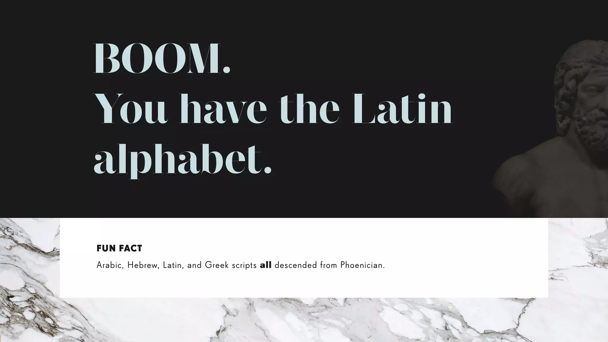 BOOM.
You have the Latin
alphabet.
FUN FACT
Arabic, Hebrew, Latin, and Greek scripts all descended from Phoenician.
 