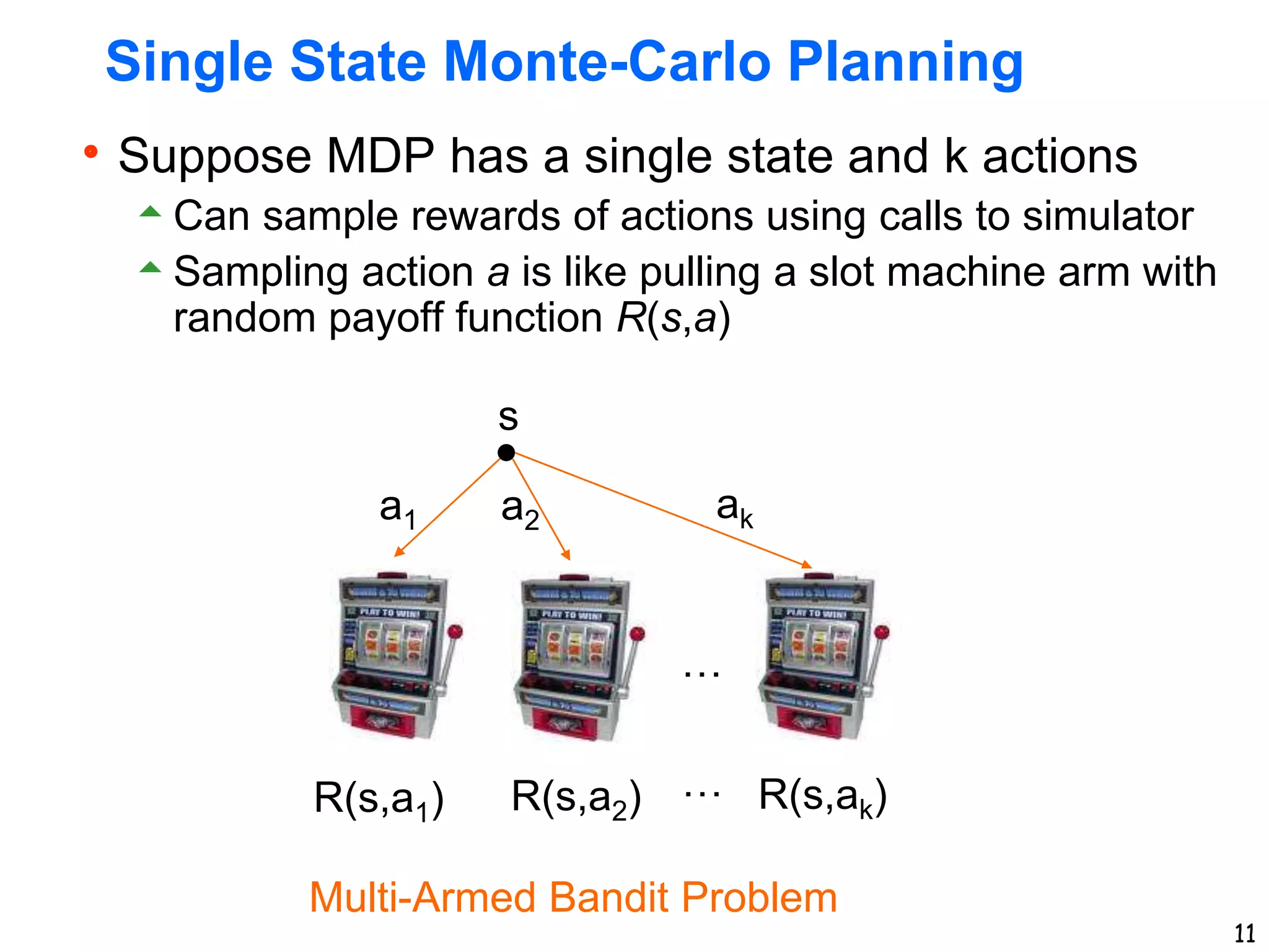 11
Single State Monte-Carlo Planning
Suppose MDP has a single state and k actions
Can sample rewards of actions using calls to simulator
Sampling action a is like pulling a slot machine arm with
random payoff function R(s,a)
s
a1 a2 ak
R(s,a1) R(s,a2) R(s,ak)
Multi-Armed Bandit Problem
…
…
 